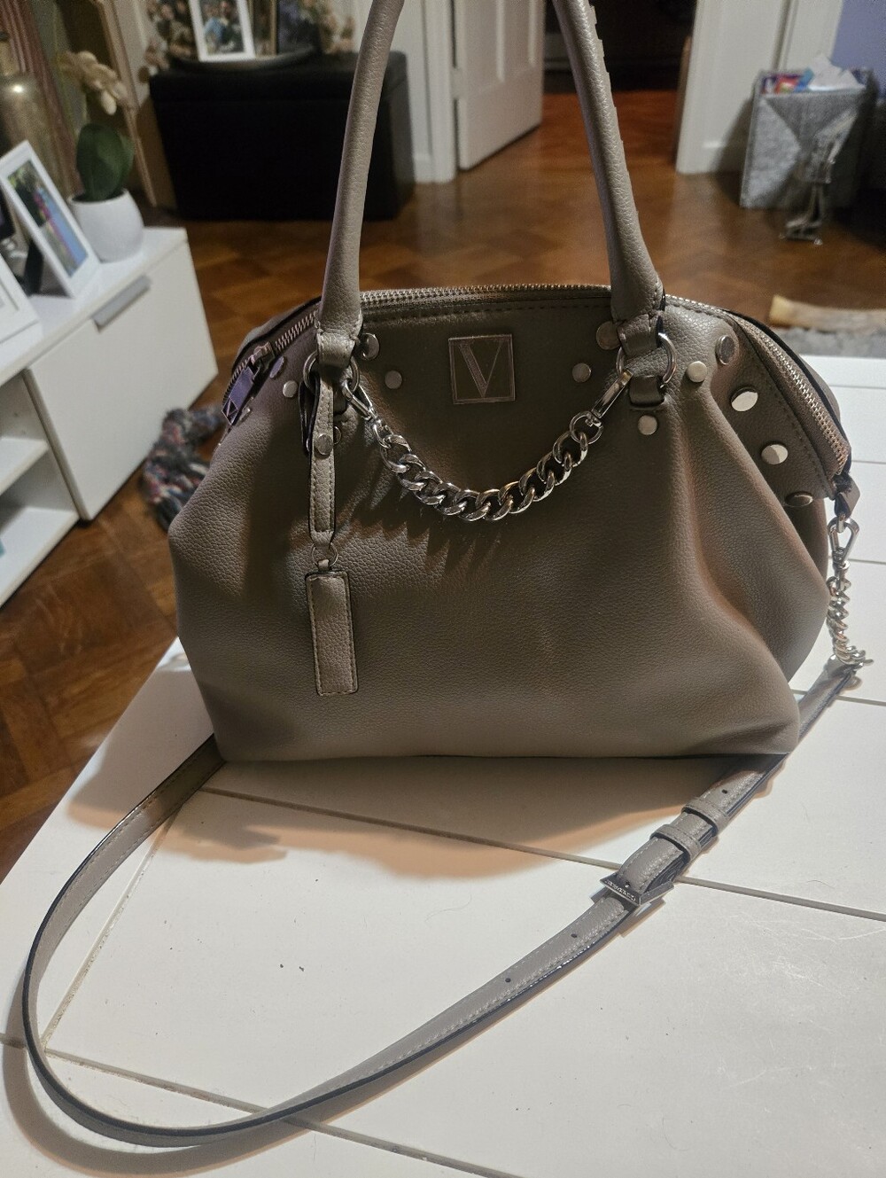 Taupe Leather Satchel with Chain Detail Nwot Victoria Secret Cross Body/ Shoulde